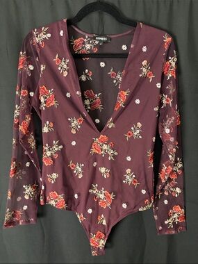 Express Burgundy Floral V-Neck Long Sleeve Bodysuit